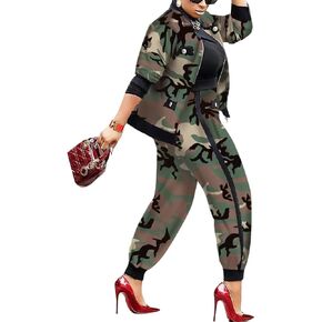 Sexyshine Women's Casual 2 Piece Camouflage Print Outfits Zip Up Long Sleeve Jacket Baggy Long Pants Work Set Tracksuit