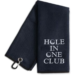 Hole in One Club Embroidered Black Golf Towel, Funny Golf Towel for Golf Bag with Clip, Golf Accessories for Men, Birthday Gifts for Golfer Golf Lover, Retirement Gifts for Golf Fan Coworker