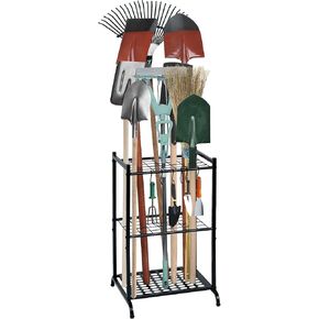 Garden Tool Organizer with Storage Hooks, Yard Tool Tower Rack for Garage Organization and Storage, Up to 35 Long-Handled Tools, Metal Tool Holder with 6 Hooks, Black