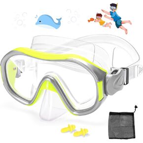 Kids Swim Goggles, Swimming Goggles with Nose Cover for Children Teens (4-12), 180 Degree HD Tempered Glass Diving Mask with Earplugs + Storage Net Bag