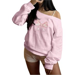 Girl's Off Shoulder Bow Graphic Sweatshirts Long Sleeve Casual Pullover Tops Fall Clothes