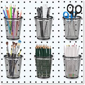 6 Sets Pegboard Cups with Ring Hooks, Pegboard Bin Holder, Pegboard Organizer, Multipurpose Pen Cup, Mesh Stainless Steel Pen Basket