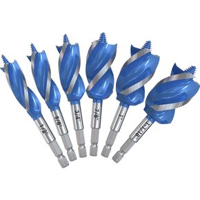 6PCS Auger Drill Bit Set for Wood - Sizes 1/2", 5/8", 3/4", 7/8", 1" & 1-1/8" - Hex Shank Quick Change for Hardwood, Softwood, Plastic - Impact Ready