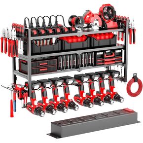 Power Tool Organizer Wall Mount with Charging Station, 8 Cordless Drill Holder with 6 Outlets Power Strip, Large 4 Layer Garage Tool Organizer, Tool Shelf Rack with Battery Organizer