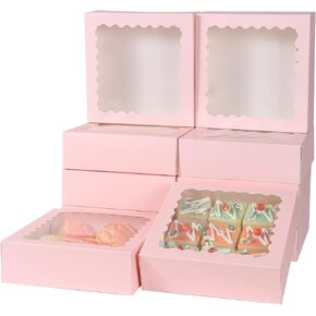 36 pcs 10x10x2.5 Inches Cake Box with Window, Bakery Box, Pastry Boxes, Cookie Boxes, Mini Pie Box for Pastry,Dessert,Strawberries,Chocolates (Pink, 10x10x2.5inch/36pcs)