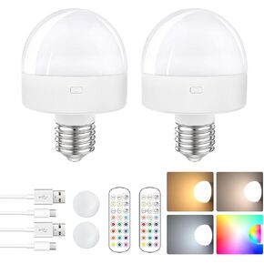 E26 Rechargeable Light Bulb with Remote,Battery Operated Backup Bulb for Sconces & Lamps,15 Colors Selectable,3 Timer,Dimmer,Wireless Puck Light Bulbs for Non-Hardwired,Detachable Charging,2 Pack