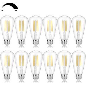 لمبات LED اديسون خمر 60 واط يعادل عكس الضوء 7W ST58 LED لمبات إضاءة خيطية بيضاء دافئة 3000K إضاءة على الطراز العتيق سطوع عالي 800LM E26 قاعدة متوسطة من الزجاج الشفاف للمكتب المنزلي، 12 حزمة