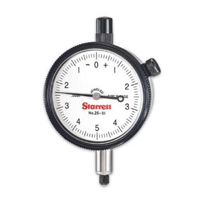 Starrett 25 Series Dial Indicator with Jewel Bearings and Lug-On-Center Back - White Face, 0-.025" Range, 0-5-0 Balanced Dial, .0001" Graduations - 25-111J