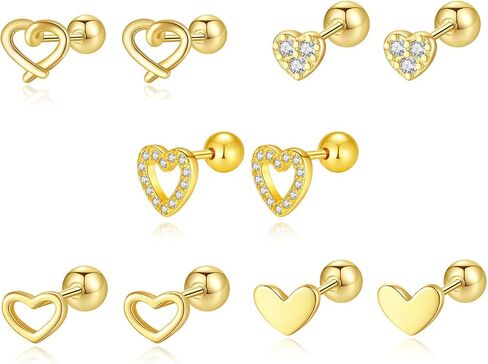 5 Pairs Heart Stud Cartilage Earrings for Women Screw Back Love Stud Tiny CZ Hearted Earring Tragus Pierced Ear Valentine Jewelry Gifts (Silvery Heart Studs) in Saudi Arabia