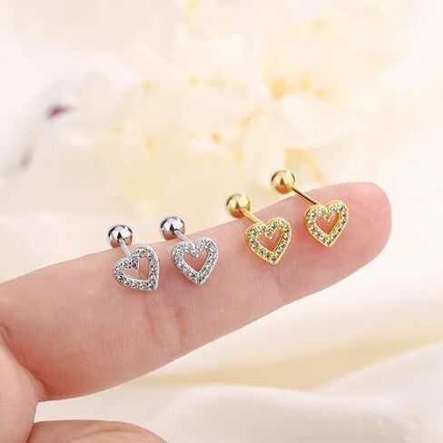 5 Pairs Heart Stud Cartilage Earrings for Women Screw Back Love Stud Tiny CZ Hearted Earring Tragus Pierced Ear Valentine Jewelry Gifts (Silvery Heart Studs) in Saudi Arabia