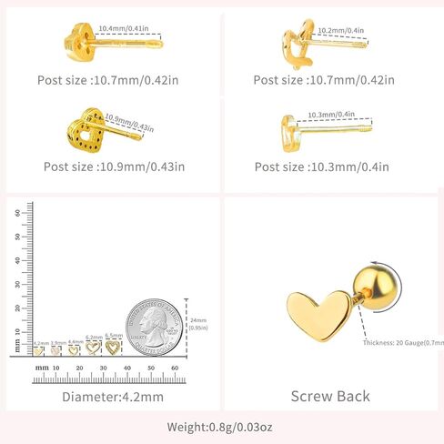 5 Pairs Heart Stud Cartilage Earrings for Women Screw Back Love Stud Tiny CZ Hearted Earring Tragus Pierced Ear Valentine Jewelry Gifts (Silvery Heart Studs) in Saudi Arabia