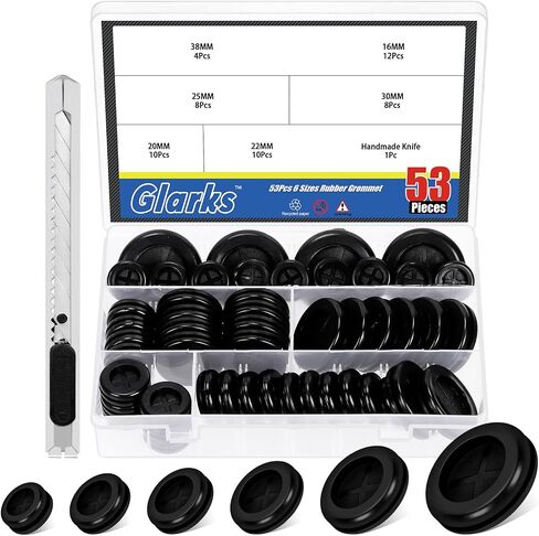 Glarks 53pcs 16/20/22/25/30/38mm Double Sided Rubber Grommet Set, Black Round Rubber Hole Plugs Closed Firewall Hole Plug Rubber Gasket for Wire, Cable Protection in Saudi Arabia