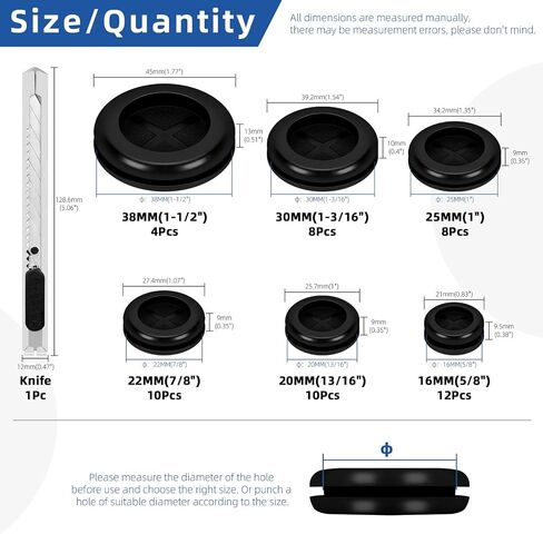 Glarks 53pcs 16/20/22/25/30/38mm Double Sided Rubber Grommet Set, Black Round Rubber Hole Plugs Closed Firewall Hole Plug Rubber Gasket for Wire, Cable Protection in Saudi Arabia