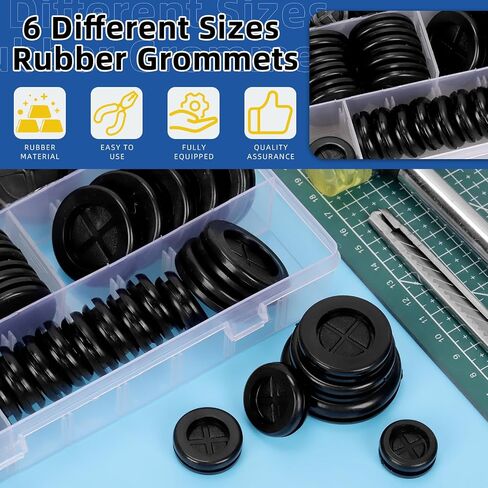 Glarks 53pcs 16/20/22/25/30/38mm Double Sided Rubber Grommet Set, Black Round Rubber Hole Plugs Closed Firewall Hole Plug Rubber Gasket for Wire, Cable Protection in Saudi Arabia
