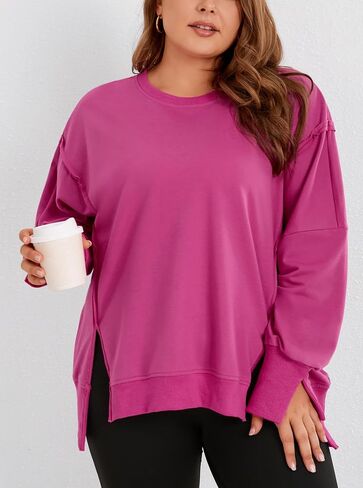 Womens Plus Size Oversized Sweatshirt Crewneck Long Sleeve Casual Pullover Preppy Fall Side Split Tops Coffee in Saudi Arabia