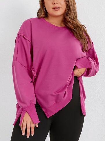 Womens Plus Size Oversized Sweatshirt Crewneck Long Sleeve Casual Pullover Preppy Fall Side Split Tops Coffee in Saudi Arabia