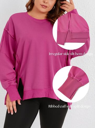 Womens Plus Size Oversized Sweatshirt Crewneck Long Sleeve Casual Pullover Preppy Fall Side Split Tops Coffee in Saudi Arabia
