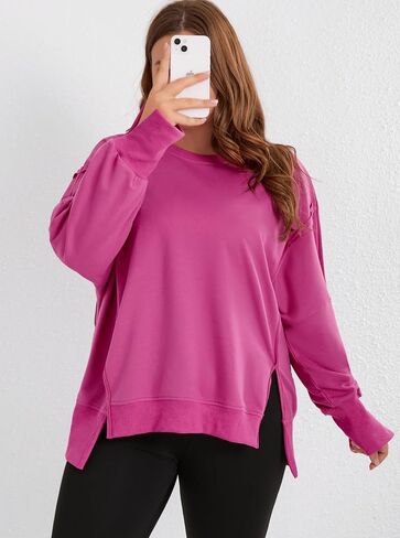 Womens Plus Size Oversized Sweatshirt Crewneck Long Sleeve Casual Pullover Preppy Fall Side Split Tops Coffee in Saudi Arabia