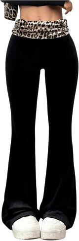Women's Leopard Print Color Block Flare Pants Elastic High Waisted Bell Bottoms in Kuwait