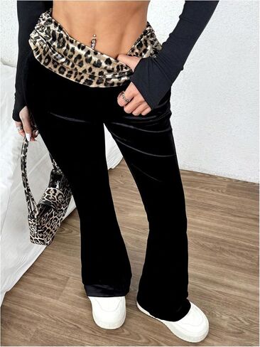 Women's Leopard Print Color Block Flare Pants Elastic High Waisted Bell Bottoms in Kuwait