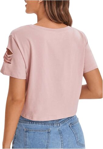 SweatyRocks Women's Short Sleeve T Shirt Graphic Print Distressed Crop Top in Saudi Arabia