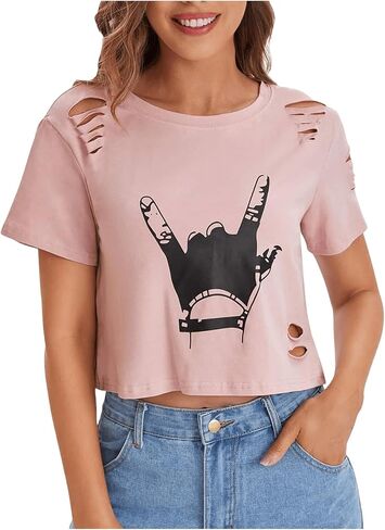 SweatyRocks Women's Short Sleeve T Shirt Graphic Print Distressed Crop Top in Saudi Arabia