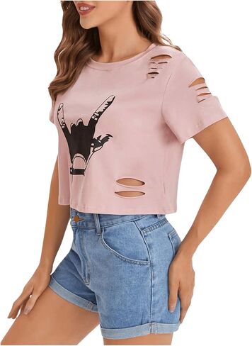 SweatyRocks Women's Short Sleeve T Shirt Graphic Print Distressed Crop Top in Saudi Arabia