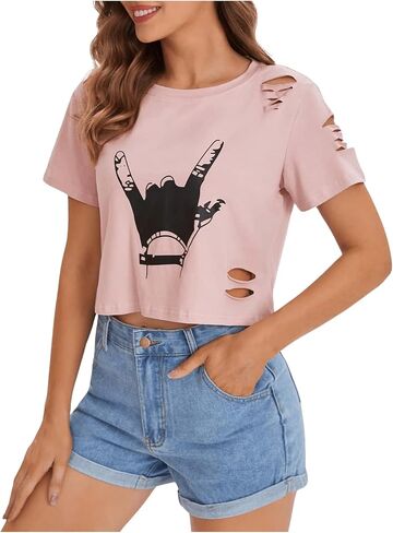 SweatyRocks Women's Short Sleeve T Shirt Graphic Print Distressed Crop Top in Saudi Arabia