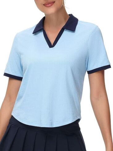 Pdbokew Women's V-Neck Polo Shirt Curved Hem Crop Tops in Saudi Arabia