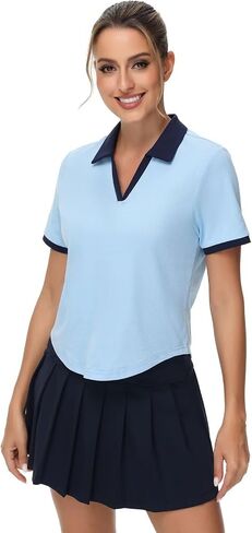 Pdbokew Women's V-Neck Polo Shirt Curved Hem Crop Tops in Saudi Arabia