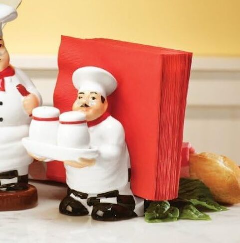 White Chef Hand Painted Ceramic Refillable Salt and Pepper Shaker with Napkin Holder, Kitchen Décor in Kuwait