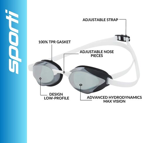 Sporti Mirrored Swim Goggles Adult Women Men, Max Vision for Training & Racing, Anti-Fog, UV Protection Swimming Goggles in Saudi Arabia