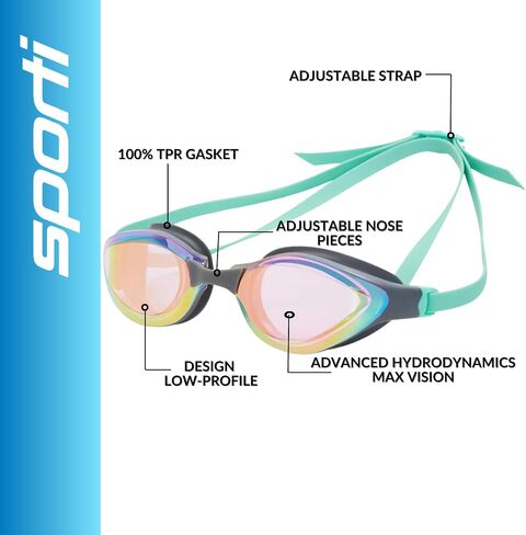 Sporti Mirrored Swim Goggles Adult Women Men, Max Vision for Training & Racing, Anti-Fog, UV Protection Swimming Goggles in Saudi Arabia