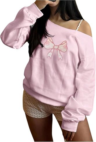 Girl's Off Shoulder Bow Graphic Sweatshirts Long Sleeve Casual Pullover Tops Fall Clothes in Saudi Arabia