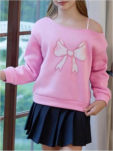 Girl's Off Shoulder Bow Graphic Sweatshirts Long Sleeve Casual Pullover Tops Fall Clothes in Saudi Arabia