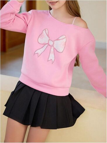 Girl's Off Shoulder Bow Graphic Sweatshirts Long Sleeve Casual Pullover Tops Fall Clothes in Saudi Arabia