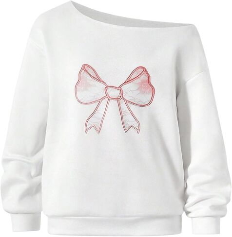 Girl's Off Shoulder Bow Graphic Sweatshirts Long Sleeve Casual Pullover Tops Fall Clothes in Saudi Arabia