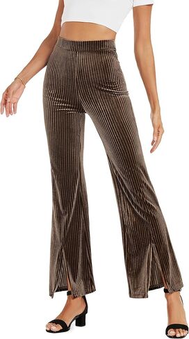 KOJOOIN Women's Flare Velvet Corduroy Leggings Elastic High Waist Bootcut Pants Front Split Ribbed Yoga Casual Pants in Saudi Arabia
