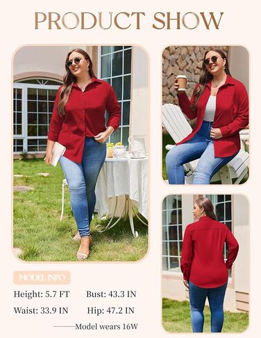 قمصان IN'VOLAND للسيدات مقاس كبير وأكمام طويلة وأزرار سفلية كاجوال وياقة قميص مكتب وبلوزات علوية in Kuwait