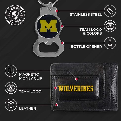 Siskiyou School Logo Leather Card/Cash Holder and Bottle Opener Keychain Bundle, Game Day Fan Accessories (Michigan Wolverines - Black) in Saudi Arabia