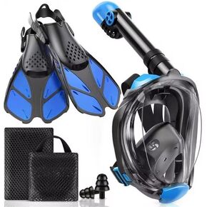 Mask Fins Snorkeling Gear for Adults, Full Face Snorkel Mask & Adjustable Swim Fins Snorkel Set, Panoramic View Snorkel Mask Dry Top System Anti-Fog Anti-Leak