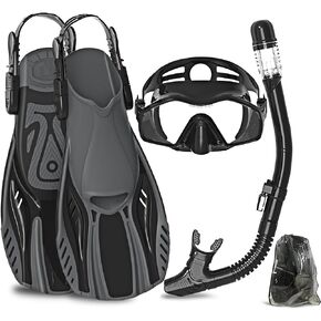 Snorkeling Gear for Adults,Mask Fins Snorkel Set,Panoramic View Diving Mask Anti-Fog,Dry Top Snorkel,Dive Flippers and Travel Bag for Swimming,Snorkeling Diving