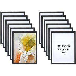 PATIKIL Magnetic Sign Holder 11 x 17, 12 Pcs A3 Magnetic Display Frame Self Adhesive Reusable Magnetic Picture Frame Double Sided for Refrigerator White Board Window Wall Photo, Gold
