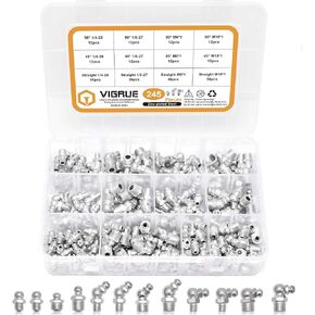 VIGRUE Grease Fittings, 245 Pieces SAE & Metric Grease Fitting Assortment Kit, Standard Grease Fittings Grease Zerks, Straight and Angled Perfect for Replacing Missing or Broken Zerk Fitting