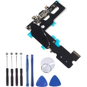 OEM USB Charging and Headphone Jack Port Dock Connector + Mic Flex Cable + Signal Antenna Replacement Compatible with iPhone 7 Plus Including 1Set Repair Tools (Black)