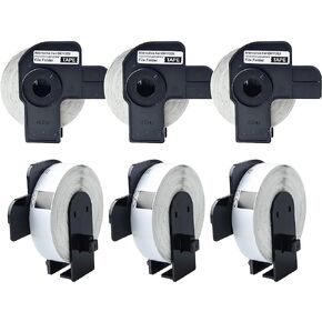 Compatible 6 Pack DK-2210 Continuous White Label Paper (1-1/7"x100'/ 29mm x 30.48m) with 6 Refillable Cartridge Replacement for Brother DK-2210 for QL-700 QL570 QL710W QL800 QL810W QL1060N QL7