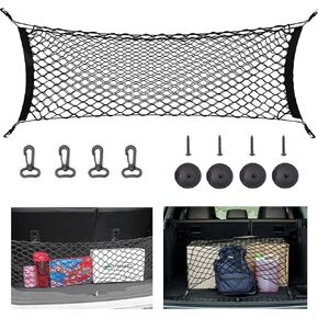 Car Rear Cargo Net (35.4"x15.8"), Envelope Style Elastic Trunk Net Organizer Heavy Duty Stretchable Nylon Storage Net Mesh with Hooks for Car, SUV, Vehicle