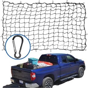 Cargo Net for Pickup Truck Bed, 4'x6' Stretches to 8'x12', Roof Rack Cargo Net with 12 Metal Carabiners & 1 Storage Bag, Small 4"x4" Latex Bungee Mesh, Car Exterior Accessories