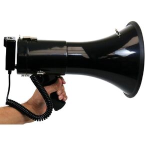 High Performance 13-1/2-in PA Megaphone with Hanging Mic, SD Card Play, Aux Input, USB Input, Siren, Recorder 50 Watt Output Max LED Status Indicator lights DEEJAY LED TBHMEGAPHONE