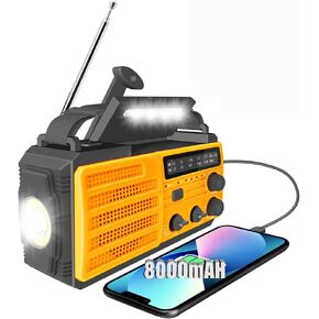راديو الطوارئ، شاحن الهاتف الخليوي بمصباح يدوي راديو كرنك، راديو الطقس المحمول AM/FM NOAA، راديو يعمل بالطاقة الشمسية والبطارية بقدرة 8000 مللي أمبير في الساعة لمجموعة مستلزمات الطوارئ لانقطاع الطاقة للمنزل الخارجي (برتقالي)